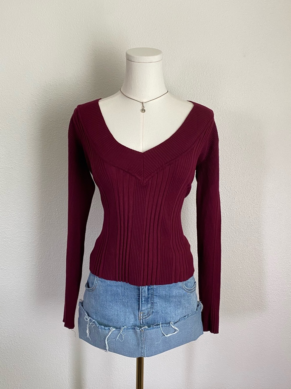 Y2K Energie Ribbed V Neck Long Sleeve Top Size XL Red